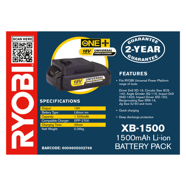 Ryobi Battery Pack One Plus 18 V XB1500 – New World
