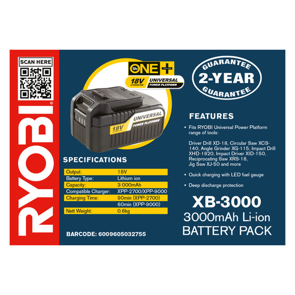 RYOBI 18V LI-ION 3000MAH Battery Pack XB-3000 – New World
