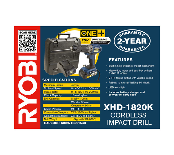Ryobi 18V Cordless Impact Drill XHD-1820K Includes Battery and