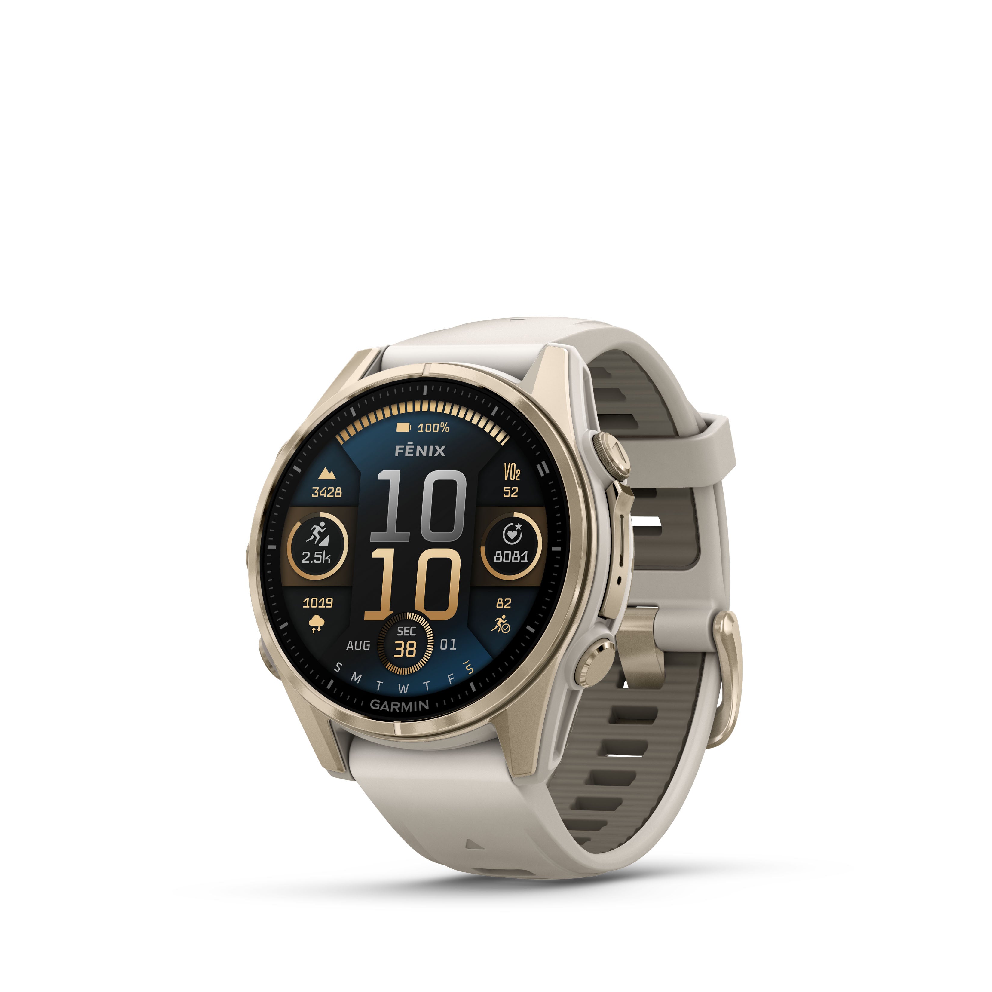 Garmin fēnix® 8 – 43 mm, AMOLED Sapphire, Soft gold with Fog grey/dark sandstone silicone band