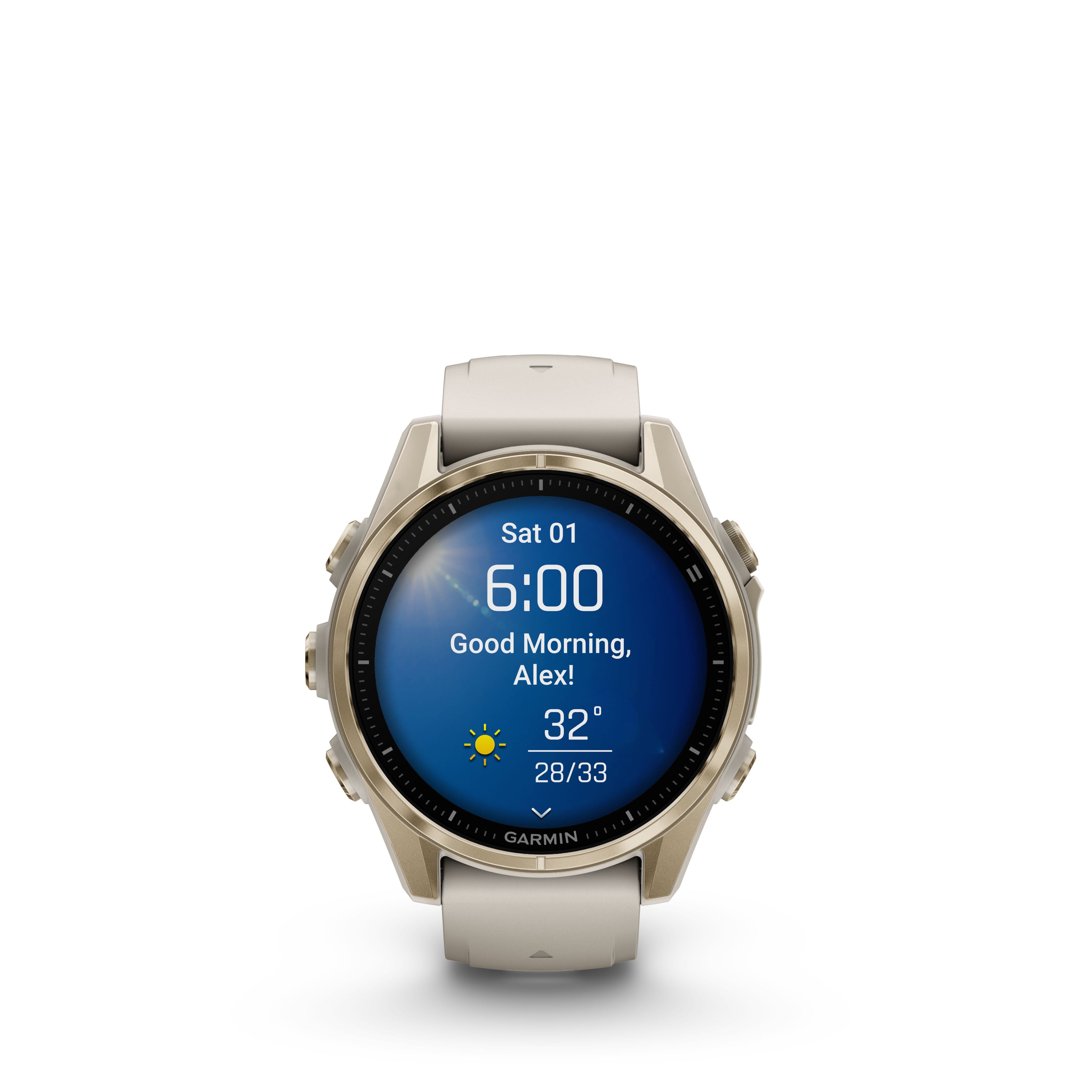 Garmin fēnix® 8 – 43 mm, AMOLED Sapphire, Soft gold with Fog grey/dark sandstone silicone band