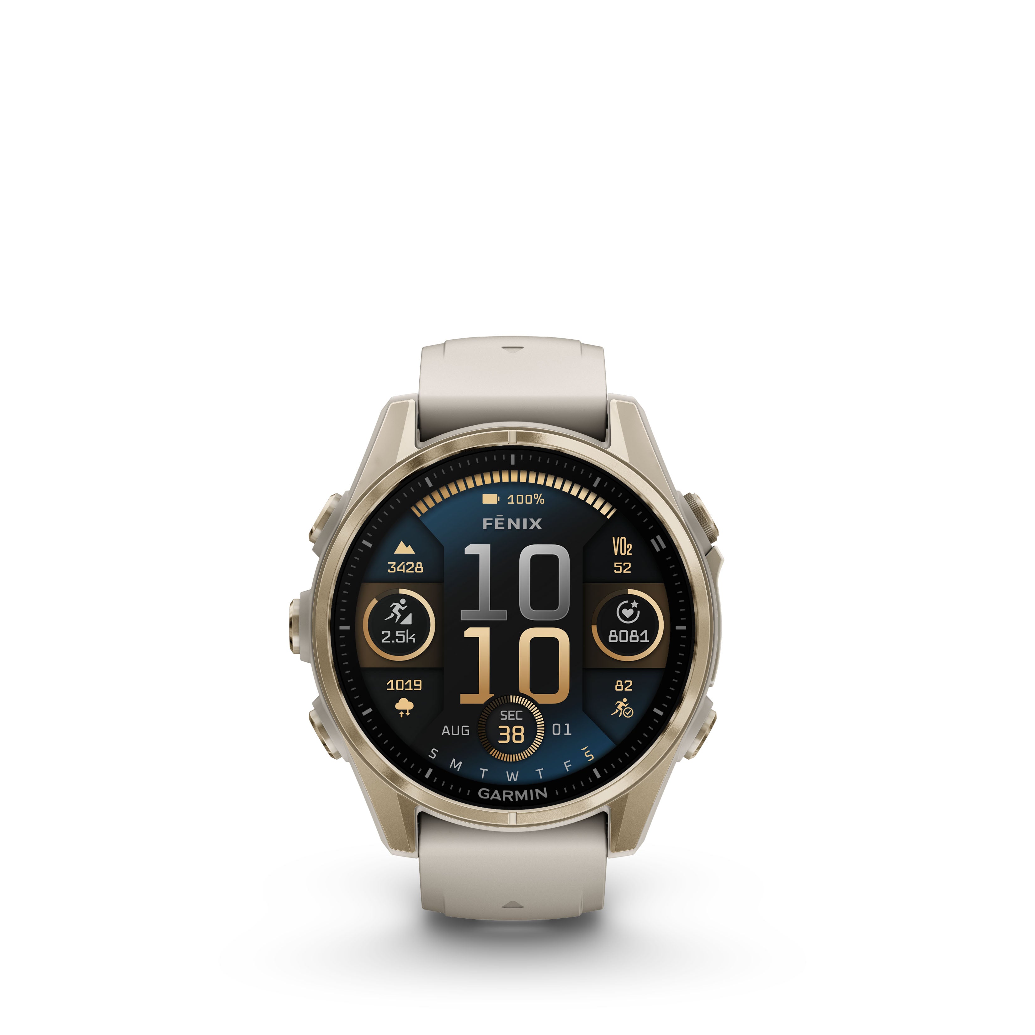 Garmin fēnix® 8 – 43 mm, AMOLED Sapphire, Soft gold with Fog grey/dark sandstone silicone band