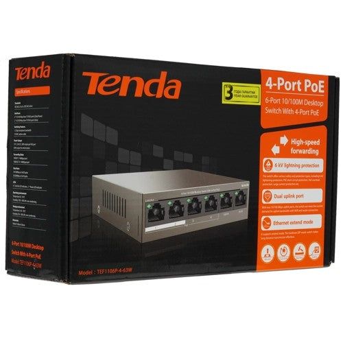 Tenda  6-Port 10/100M Desktop Switch with 4-Port PoE - TEF1106P-4-63W